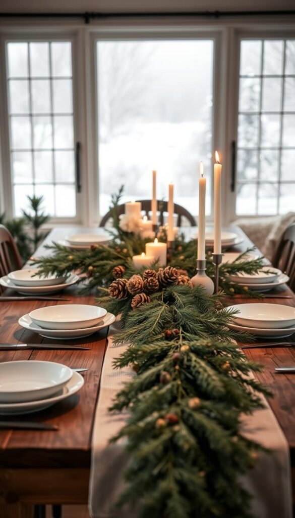 A Scandinavian-style Thanksgiving table setting, featuring a rustic wooden table, delicate white ceramic dishes, and a centerpiece of natural elements.