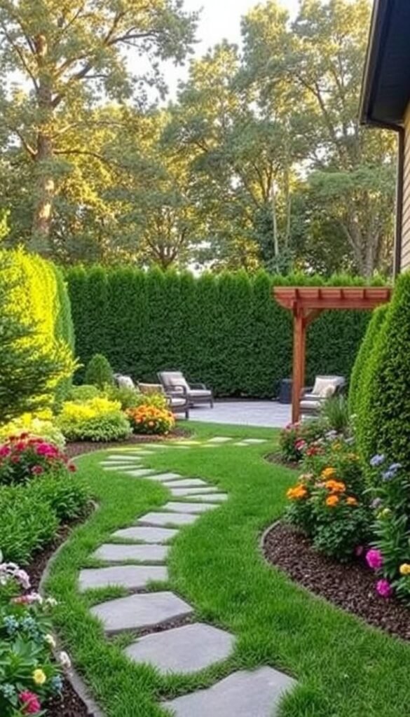 A backyard oasis with lush, manicured greenery and vibrant flower beds. In the foreground, a tranquil stone pathway winds through a well-designed landscape, inviting exploration. The middle ground features a picturesque patio area with comfortable seating and a rustic wooden pergola, creating a cozy, intimate atmosphere. In the background, a neatly trimmed hedge line frames the scene, giving it a sense of depth and privacy. Warm, natural lighting filters through the canopy of trees, casting a soft, golden glow over the entire space. The overall composition reflects a harmonious balance between professional landscaping and a relaxing, inviting ambiance. A backyard oasis with lush, manicured greenery and vibrant flower beds. In the foreground, a tranquil stone pathway winds through a well-designed landscape, inviting exploration. The middle ground features a picturesque patio area with comfortable seating and a rustic wooden pergola, creating a cozy, intimate atmosphere. In the background, a neatly trimmed hedge line frames the scene, giving it a sense of depth and privacy. Warm, natural lighting filters through the canopy of trees, casting a soft, golden glow over the entire space. The overall composition reflects a harmonious balance between professional landscaping and a relaxing, inviting ambiance.