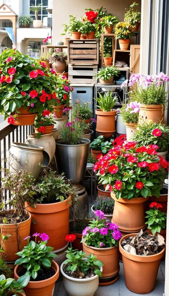 A balcony filled with an artful arrangement of vibrant flower pots and containers. In the foreground, a collection of terracotta planters overflowing with cascading vines and blooming annuals. In the middle ground, sleek metal and ceramic vessels housing lush foliage and vibrant petals. The background showcases a harmonious blend of varied shapes, sizes, and textures - from weathered wooden crates to modern geometric planters. Soft, natural lighting illuminates the scene, casting warm, golden hues across the diverse display. The overall composition exudes a sense of effortless elegance, inviting the viewer to imagine the balcony as a serene oasis amidst the urban landscape.