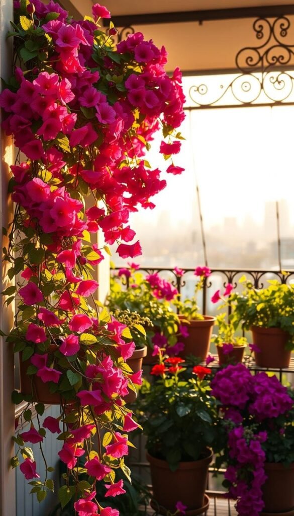 A balcony overflowing with lush, vibrant flower pots bathed in warm, golden sunlight. In the foreground, cascading vines and blooms in rich, jewel-toned hues spill over the railing, creating a welcoming, natural display. The middle ground showcases a variety of potted plants, their leaves and petals gently swaying in the soft breeze. In the background, the city skyline is visible through the ornate iron railing, providing a tranquil, urban backdrop. The lighting is soft and diffused, creating a serene, inviting atmosphere that highlights the intricate textures and vibrant colors of the flowers. The overall composition emphasizes the beauty and potential of small-space gardening, with a focus on maximizing sunlight exposure to help the blooms thrive.