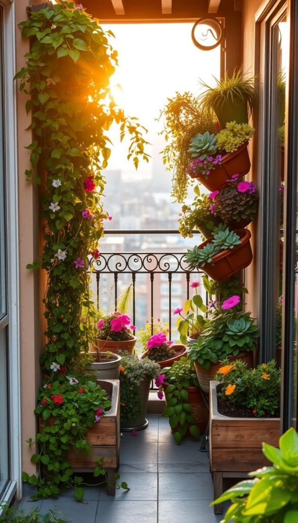 A beautifully arranged vertical garden adorns a cozy balcony. The foreground features a lush cascade of trailing vines, vibrant flowers, and verdant foliage cascading from weathered wooden planters. Mid-frame, a mix of potted succulents and flowering plants create a tiered, living wall effect. In the background, the balcony is framed by a wrought-iron railing, with the city skyline peeking through. Warm, golden afternoon light filters through, casting a soft, glowing ambiance. The scene exudes a serene, nature-infused atmosphere, perfect for a small-space urban oasis.