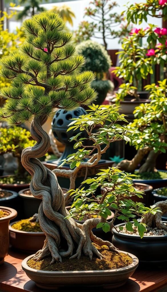 A beautifully composed arrangement of diverse bonsai tree species, showcasing their intricate forms and unique characteristics. The foreground features a majestic Juniper bonsai with its twisted, weathered trunk and vibrant green foliage. In the middle ground, a graceful Maple bonsai with its delicate, lace-like leaves stands tall, complemented by a miniature Ficus bonsai with its intricate root system. The background is filled with a variety of other bonsai species, including a sturdy Elm, a lush Chinese Elm, and a delicate Azalea, each displaying the remarkable artistry and creativity of bonsai cultivation. The scene is bathed in warm, natural lighting, casting gentle shadows that accentuate the intricate details of the plants. The overall composition evokes a sense of tranquility and harmony, perfectly capturing the essence of the "Types of Bonsai Trees" section.