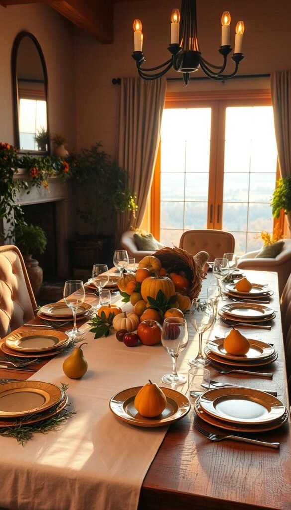A beautifully curated Thanksgiving table, bathed in warm, golden light from a large window.