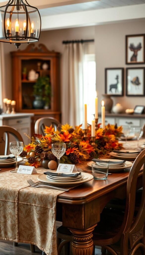 A beautifully decorated Thanksgiving table set with an elegant, rustic charm.