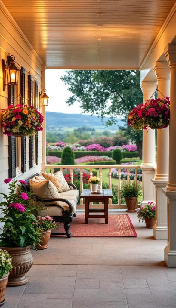 A beautifully designed and inviting front porch, bathed in soft, warm lighting. The porch features a cozy seating area with plush cushions and a small wooden table, perfect for enjoying a cup of coffee or entertaining guests. Decorative pillows and a patterned area rug add a touch of elegance. Potted plants and hanging baskets filled with vibrant flowers line the porch, creating a lush, natural ambiance. The porch is made of sturdy wood with a classic railing, and the entryway is framed by decorative columns. In the background, a well-manicured garden with blooming flowers and a picturesque landscape creates a serene and harmonious setting.
