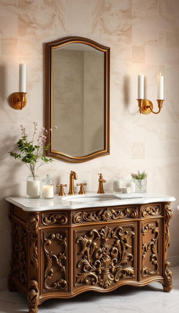 A beautifully designed bathroom vanity with intricate carved detailing, polished brass fixtures, and a marble countertop.