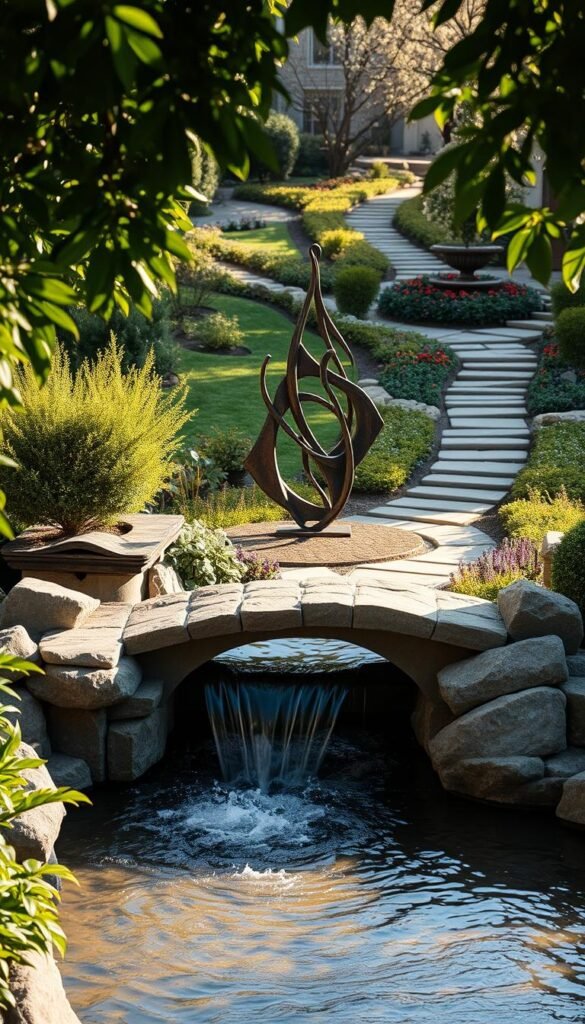 A beautifully designed front yard featuring a stunning focal point that captivates the eye. In the foreground, a serene water feature with gently cascading waterfalls and a quaint stone bridge that invites visitors to explore. Lush, verdant foliage frames the scene, creating a serene and inviting atmosphere. The middle ground showcases a striking, abstract sculpture crafted from weathered metal, its intricate design casting dynamic shadows that dance across the ground. In the background, a meticulously landscaped garden with vibrant blooms and a winding path that beckons exploration. The lighting is soft and warm, accentuating the natural textures and creating a sense of tranquility. Captured through a wide-angle lens, the composition draws the viewer in, encouraging them to linger and appreciate the unique and conversation-starting focal points that make this front yard truly exceptional. A beautifully designed front yard featuring a stunning focal point that captivates the eye. In the foreground, a serene water feature with gently cascading waterfalls and a quaint stone bridge that invites visitors to explore. Lush, verdant foliage frames the scene, creating a serene and inviting atmosphere. The middle ground showcases a striking, abstract sculpture crafted from weathered metal, its intricate design casting dynamic shadows that dance across the ground. In the background, a meticulously landscaped garden with vibrant blooms and a winding path that beckons exploration. The lighting is soft and warm, accentuating the natural textures and creating a sense of tranquility. Captured through a wide-angle lens, the composition draws the viewer in, encouraging them to linger and appreciate the unique and conversation-starting focal points that make this front yard truly exceptional.