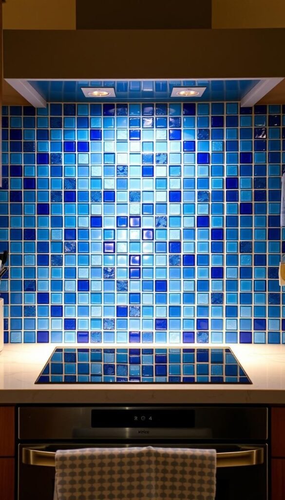 A beautifully designed, high-quality blue kitchen backsplash, featuring a intricate mosaic pattern with varying shades of azure, cobalt, and cerulean. The tiles are arranged in a clean, geometric layout, creating a visually striking and cohesive look. The backsplash is illuminated by soft, warm lighting from above, casting a gentle glow and highlighting the depth and texture of the tiles. The image captures the backsplash in a natural, well-lit kitchen setting, showcasing how this design can elevate the overall aesthetic of a blue-themed kitchen space.