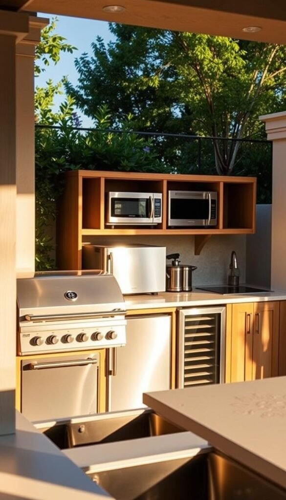 A beautifully designed outdoor kitchen, bathed in warm afternoon sunlight. In the foreground, a sleek stainless steel grill and a built-in sink with ample counter space for food prep. Behind, a row of modern appliances - a compact refrigerator, a multi-function convection oven, and a versatile cooktop. Elegant cabinetry and shelving provide generous storage for cookware and utensils. The overall layout is both functional and visually appealing, seamlessly blending form and function. The space is flanked by lush greenery, creating a serene, natural backdrop. A perfect balance of convenience and outdoor ambiance.