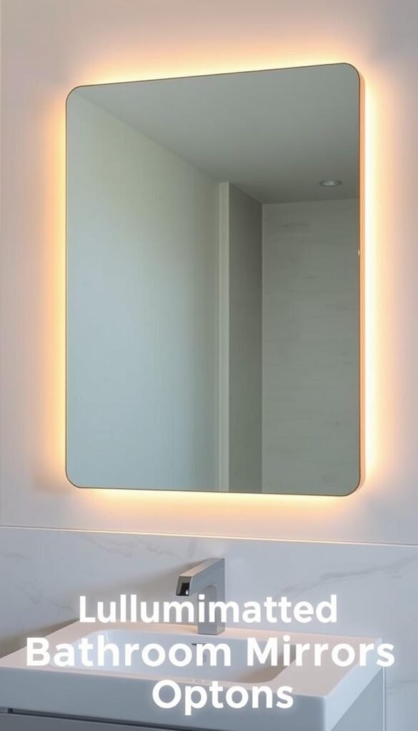A beautifully illuminated LED bathroom mirror, mounted on a sleek, modern wall.