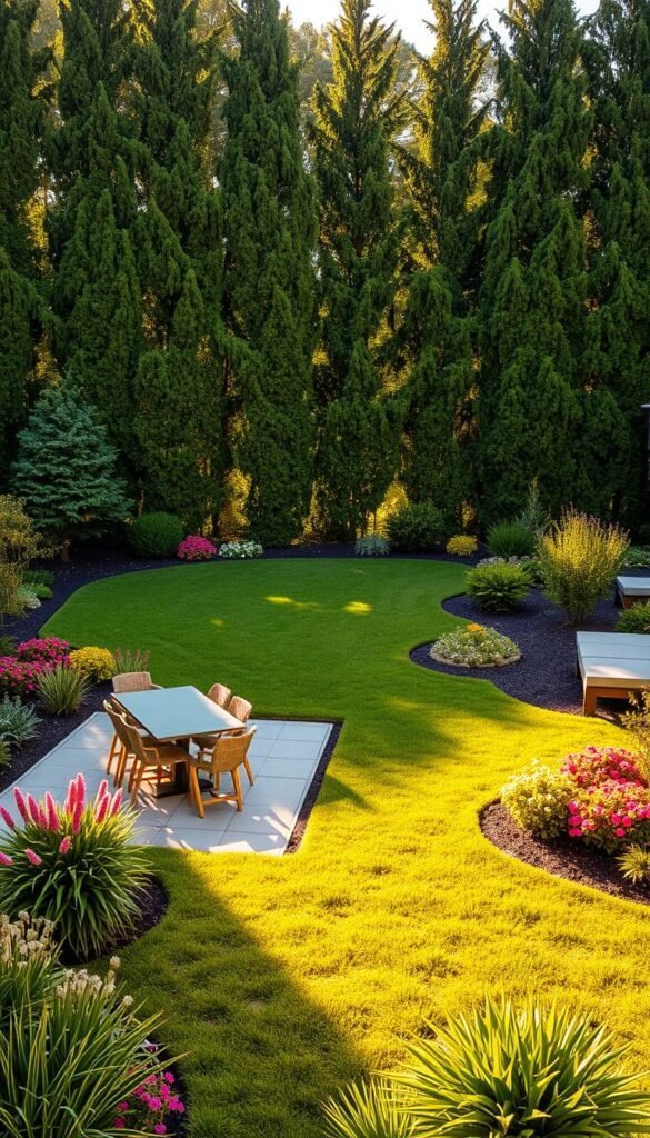 A beautifully landscaped backyard with a central patio surrounded by lush greenery and vibrant flowers. The foreground features a well-designed patio with natural stone pavers and a modern outdoor dining set bathed in warm, golden sunlight. The middle ground showcases a neatly trimmed lawn dotted with strategically placed flowerbeds and bushes in a harmonious color palette. In the background, a row of tall, mature trees creates a serene, natural backdrop, casting gentle shadows across the scene. The overall atmosphere is one of tranquility, elegance, and careful attention to detail, perfectly capturing the essence of a thoughtfully designed small backyard landscape. A beautifully landscaped backyard with a central patio surrounded by lush greenery and vibrant flowers. The foreground features a well-designed patio with natural stone pavers and a modern outdoor dining set bathed in warm, golden sunlight. The middle ground showcases a neatly trimmed lawn dotted with strategically placed flowerbeds and bushes in a harmonious color palette. In the background, a row of tall, mature trees creates a serene, natural backdrop, casting gentle shadows across the scene. The overall atmosphere is one of tranquility, elegance, and careful attention to detail, perfectly capturing the essence of a thoughtfully designed small backyard landscape.