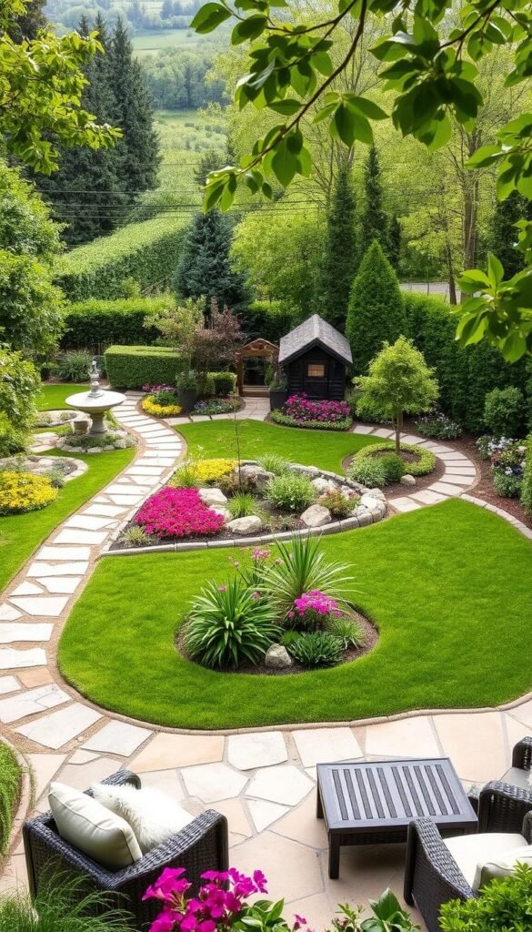 A beautifully landscaped backyard with lush greenery, vibrant flower beds, and a serene stone pathway winding through the space. In the foreground, a well-designed patio area with cozy outdoor furniture invites relaxation. The middle ground features a mix of ornamental trees, shrubs, and carefully placed decorative elements like a water feature or a charming garden shed. The background showcases a natural, verdant landscape with a glimpse of a wooden fence or hedges, creating a sense of privacy and enclosure. The lighting is soft and natural, casting a warm, inviting glow across the scene. The overall atmosphere is one of tranquility, balance, and a harmonious integration of nature and human-made elements. A beautifully landscaped backyard with lush greenery, vibrant flower beds, and a serene stone pathway winding through the space. In the foreground, a well-designed patio area with cozy outdoor furniture invites relaxation. The middle ground features a mix of ornamental trees, shrubs, and carefully placed decorative elements like a water feature or a charming garden shed. The background showcases a natural, verdant landscape with a glimpse of a wooden fence or hedges, creating a sense of privacy and enclosure. The lighting is soft and natural, casting a warm, inviting glow across the scene. The overall atmosphere is one of tranquility, balance, and a harmonious integration of nature and human-made elements.