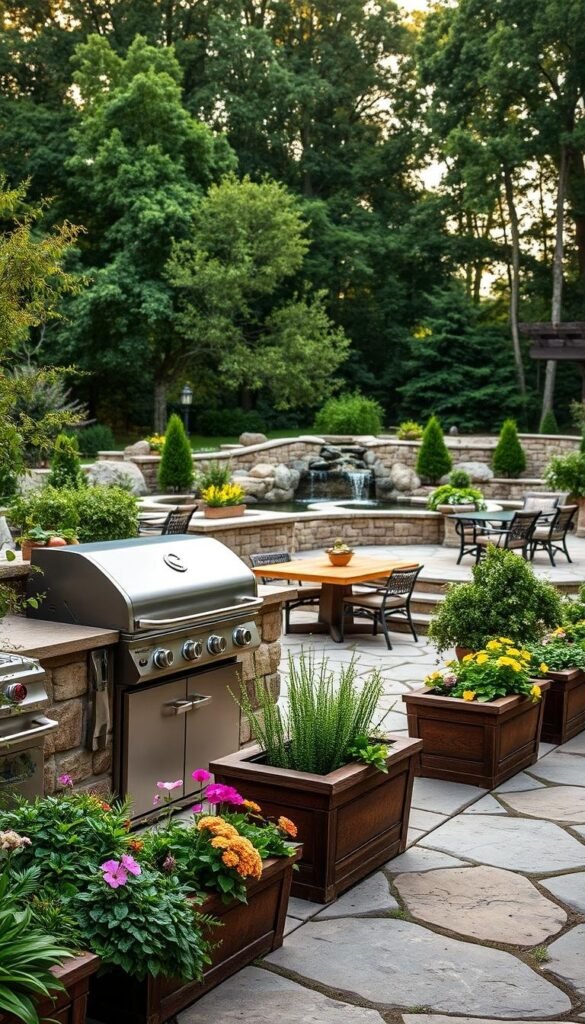A beautifully landscaped outdoor kitchen, nestled amidst lush greenery and natural stone. In the foreground, a state-of-the-art grill and smoker setup, surrounded by meticulously arranged planters brimming with fragrant herbs and vibrant flowers. The middle ground features a well-designed seating area, with a rustic wooden table and chairs, inviting guests to gather and enjoy alfresco dining. In the background, a softly flowing water feature and a backdrop of mature trees create a serene, nature-inspired ambiance. The entire scene is bathed in warm, golden lighting, creating a cozy and inviting atmosphere, perfect for enhancing your outdoor kitchen experience.