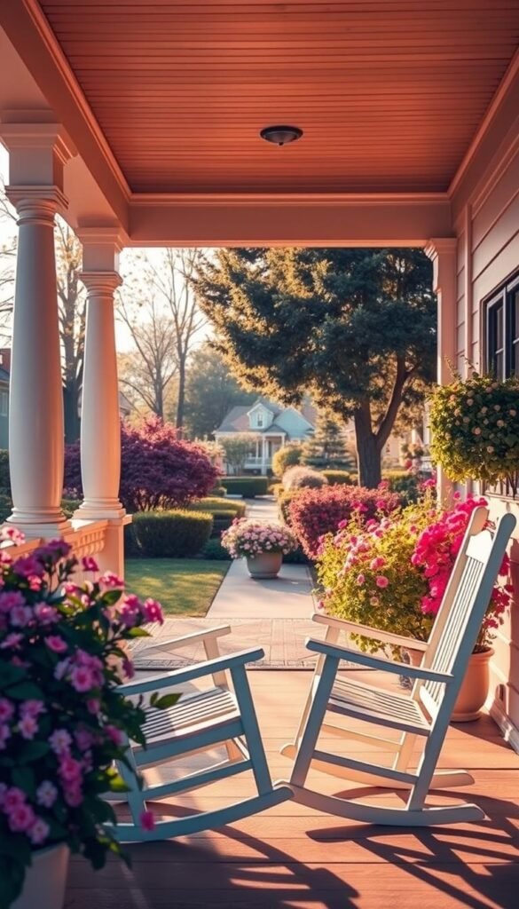 A beautifully-lit front porch with a warm, inviting color scheme. The porch has a classic wooden structure with intricate trim and columns, bathed in soft, golden sunlight. In the foreground, a pair of rocking chairs in a soothing pastel palette invite guests to relax and enjoy the view. The middle ground features lush, flowering plants in complementary hues, framing the entryway. The background showcases a picturesque neighborhood, with trees and homes in harmonious tones that enhance the porch's overall aesthetic. The scene radiates a sense of charm, comfort, and curb appeal, inviting the viewer to imagine themselves experiencing this welcoming front porch.