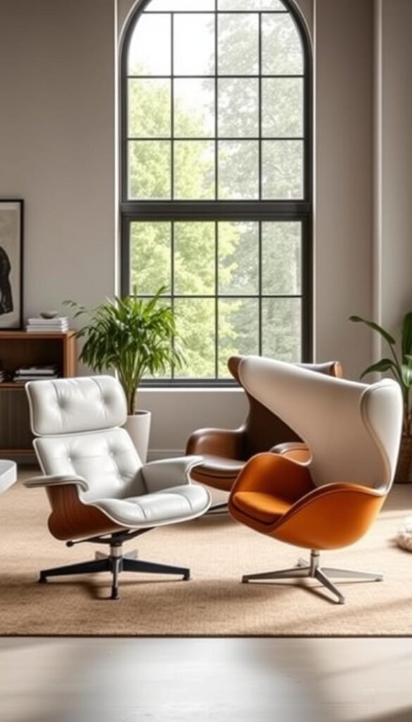 A beautifully lit, high-resolution photograph of an iconic collection of mid-century modern chairs, including a sleek Eames lounge chair, a graceful Egg chair…