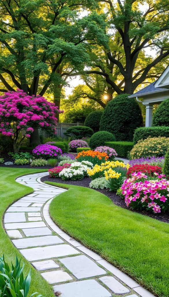 A beautifully manicured front yard with lush, vibrant greenery and a harmonious mix of flowering plants and shrubs. The foreground features a neatly trimmed lawn, complemented by a winding stone pathway leading to the front door. In the middle ground, a variety of perennials and annuals, such as colorful azaleas, hydrangeas, and daffodils, create a visually striking display. The background showcases mature, well-pruned trees that provide a natural canopy, casting a warm, dappled light across the scene. The overall composition exudes a sense of inviting curb appeal, balance, and attention to detail, reflecting the essential principles of front yard landscaping for maximum impact. A beautifully manicured front yard with lush, vibrant greenery and a harmonious mix of flowering plants and shrubs. The foreground features a neatly trimmed lawn, complemented by a winding stone pathway leading to the front door. In the middle ground, a variety of perennials and annuals, such as colorful azaleas, hydrangeas, and daffodils, create a visually striking display. The background showcases mature, well-pruned trees that provide a natural canopy, casting a warm, dappled light across the scene. The overall composition exudes a sense of inviting curb appeal, balance, and attention to detail, reflecting the essential principles of front yard landscaping for maximum impact.
