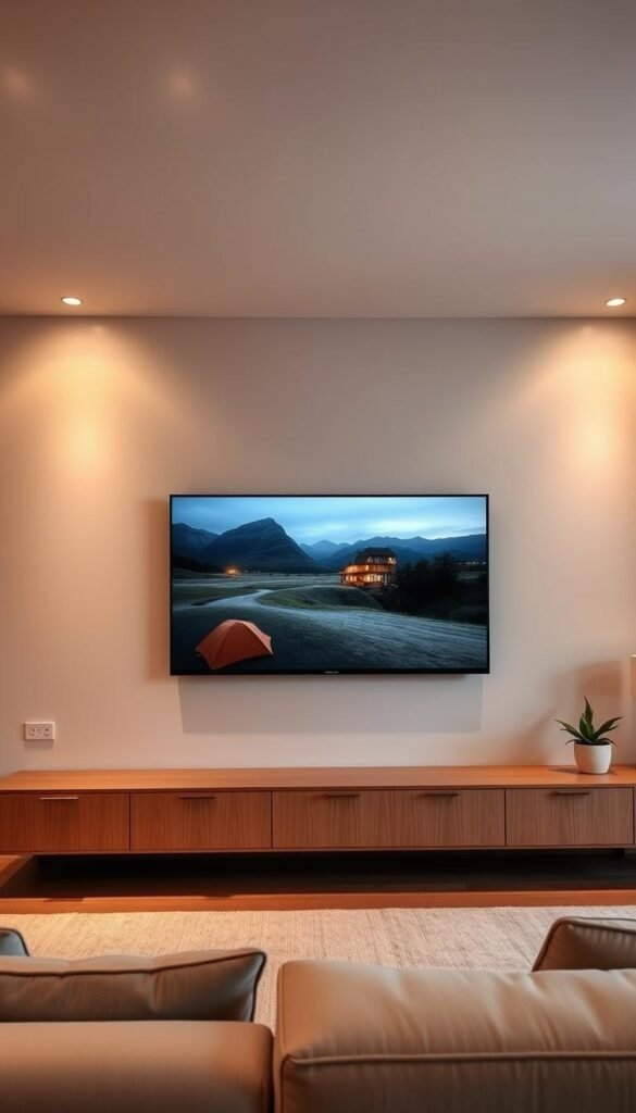 A beautifully proportioned living room with a large, flat-screen TV mounted on a sleek, minimalist wall.