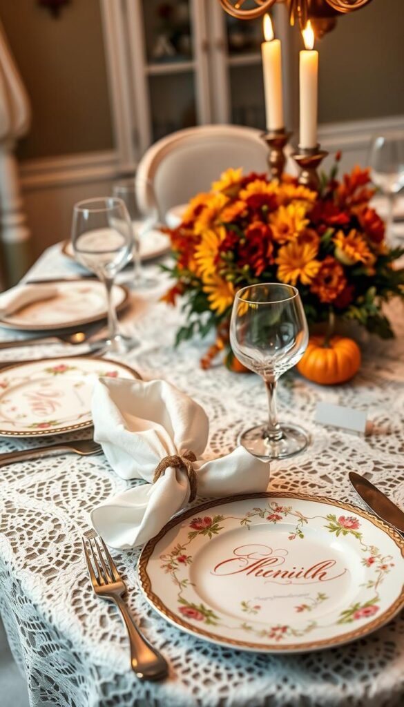 A beautifully set Thanksgiving table with elegant place settings.