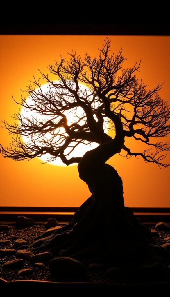 A bonsai tree silhouette set against a warm, golden sunset sky, its intricate branch patterns casting delicate shadows on a tranquil Japanese rock garden. In the foreground, an ancient, gnarled bonsai trunk emerges from a carefully arranged display of moss-covered stones and raked gravel. The lighting is soft and diffused, creating a serene, meditative atmosphere. The composition emphasizes the timeless elegance and historical significance of this miniature tree, a testament to the centuries-old art of bonsai cultivation.