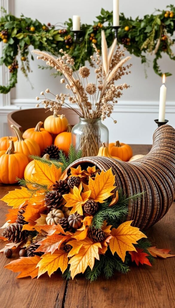 A bountiful still life of natural Thanksgiving decor, artfully arranged on a rustic wooden table.