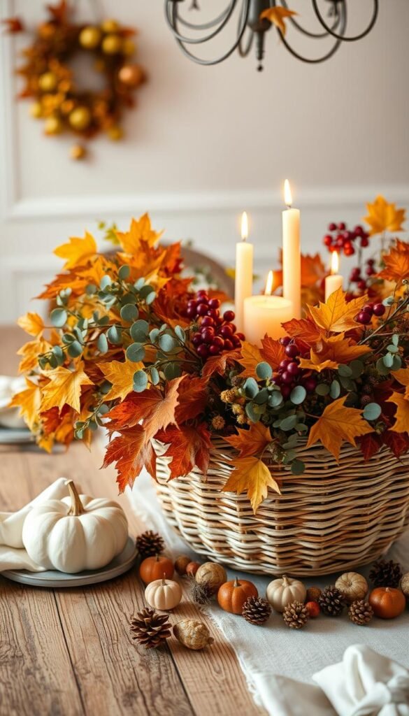 A breathtaking handcrafted centerpiece adorned with a bountiful harvest.