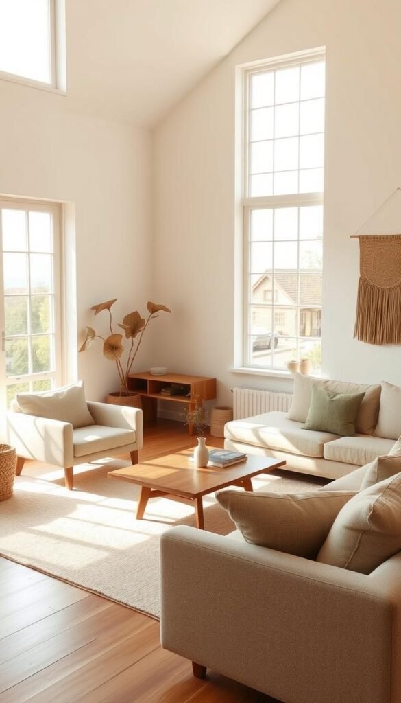 A bright, airy Japandi-style living room with a harmonious blend of Japanese and Scandinavian design elements.