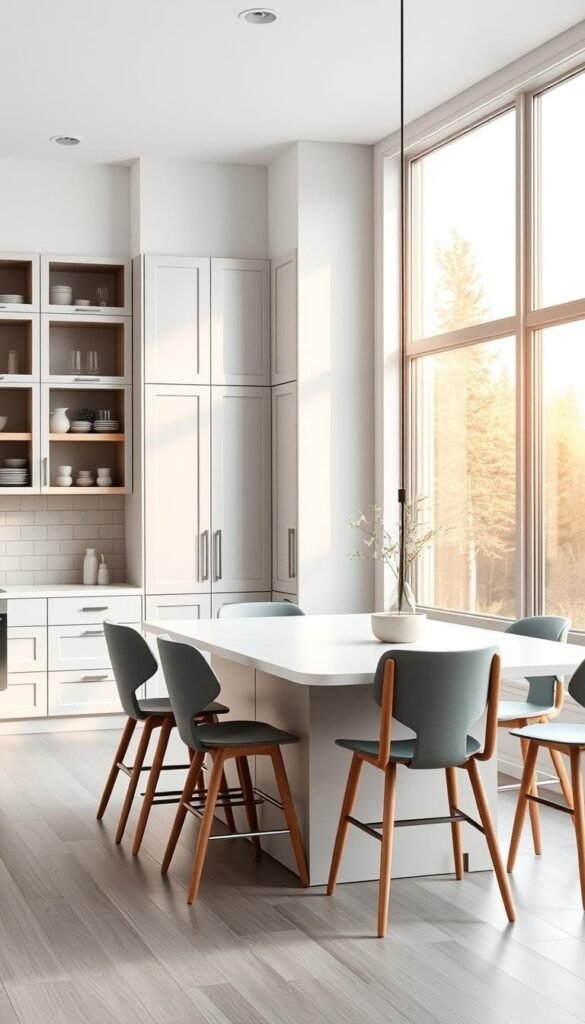 A bright, airy Scandinavian kitchen bathed in natural light. The foreground features a sleek, minimalist kitchen island with a clean white countertop and wooden accents. Surrounding the island are classic Scandinavian-style chairs in a soft, muted palette of grays, blues, and greens. The middle ground showcases tall, built-in cabinets with a mix of open and closed storage, complemented by a neutral tile backsplash. The background reveals large windows overlooking a serene, forested landscape, casting a warm, golden glow throughout the space. The overall atmosphere is one of calm, cozy sophistication, perfectly embodying the Scandinavian design aesthetic.