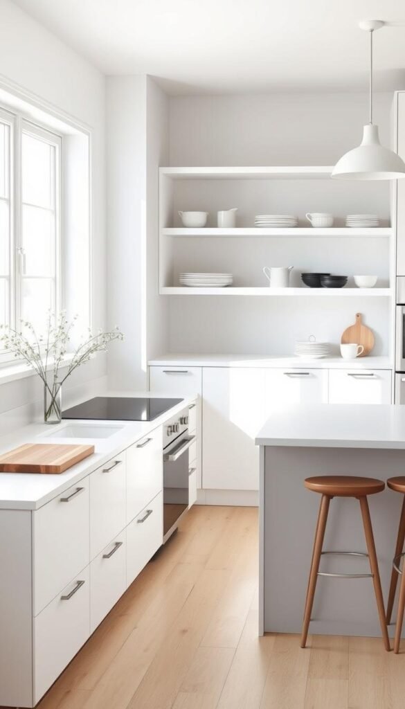 A bright, airy Scandinavian kitchen with clean lines and functional minimalism. A large window floods the space with natural light, casting a warm glow on the pristine white cabinets and countertops. A sleek, integrated cooktop and range hood blend seamlessly into the design. Recessed lighting and a simple pendant fixture provide focused illumination. On the countertop, a wooden chopping board and a vase of fresh flowers add subtle organic touches. The open shelving displays neatly organized cookware and ceramics. The floors are light-colored hardwood, complementing the overall Nordic aesthetic. An ergonomic kitchen island with bar stools offers a casual dining and workspace. The atmosphere is serene, calming, and optimized for efficiency.