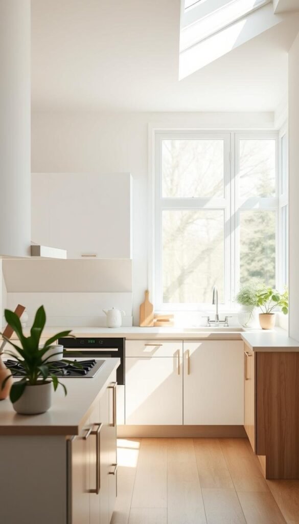 A bright, airy Scandinavian kitchen with minimalist, natural aesthetics. The room is flooded with soft, diffused natural light streaming through large windows, casting a warm glow on the clean, white cabinetry and wooden accents. The countertops are made of light-colored, high-quality stone, complemented by simple, streamlined appliances. Potted plants and a few carefully chosen decor pieces add subtle pops of greenery and texture, while the overall design emphasizes open, uncluttered space and a sense of calm. The composition captures the kitchen from a slightly elevated angle, highlighting the clean lines, harmonious color palette, and tranquil atmosphere of this quintessential Scandinavian cooking environment.