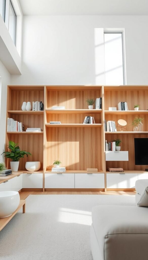 A bright, airy Scandinavian living room with minimalist, wood-paneled shelving units lining the walls.