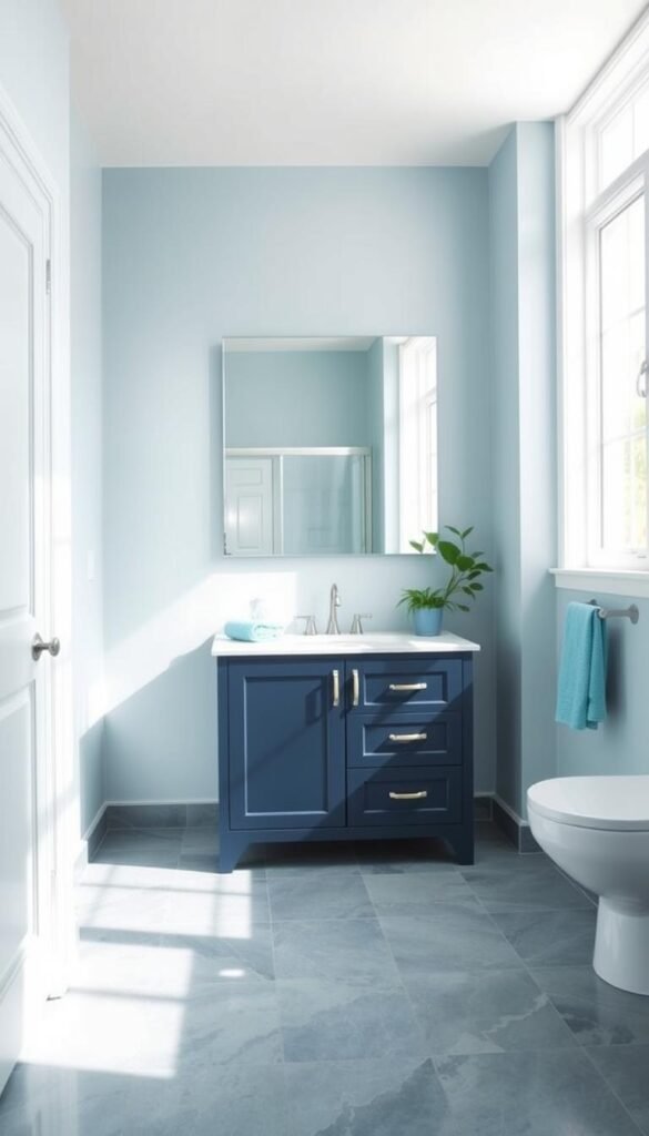 A bright, airy bathroom filled with various shades of blue.
