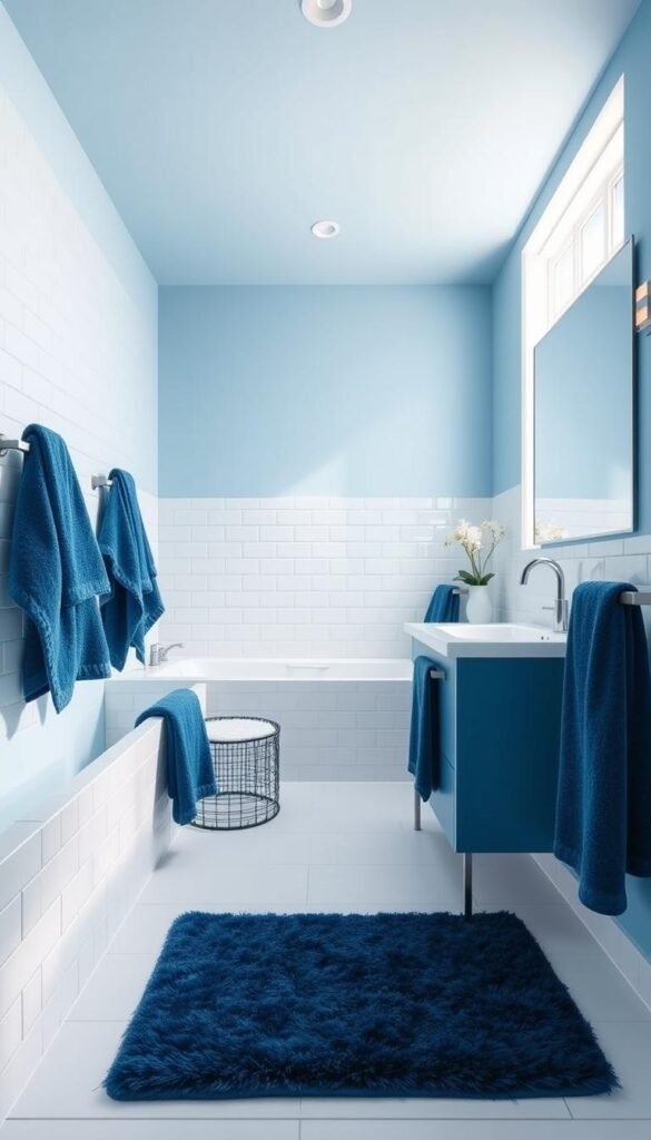 A bright, airy bathroom with a serene blue color palette.