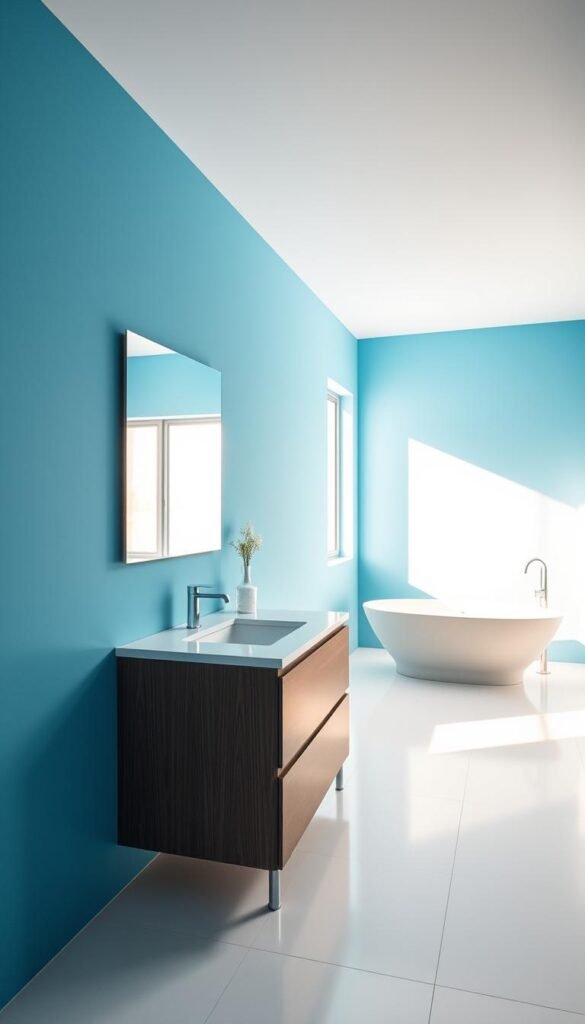 A bright, airy bathroom with a stunning blue accent wall.