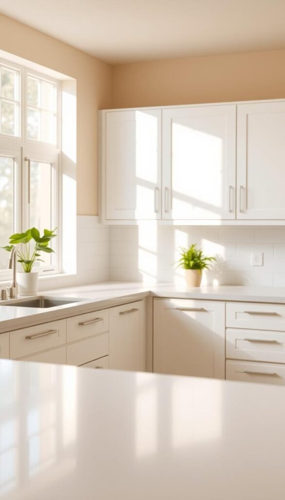 A bright, airy beige kitchen with gleaming countertops and pristine white cabinetry. Diffused natural light floods the space, creating a warm, inviting ambiance. The smooth, uncluttered surfaces are meticulously clean, free of any visible dust or smudges. A couple of potted plants add a touch of greenery, complementing the neutral color palette. The scene is captured from a slightly elevated angle, emphasizing the sense of order and tranquility. The overall mood is one of understated elegance and effortless maintenance, reflecting the harmonious and well-kept nature of this beige kitchen design.
