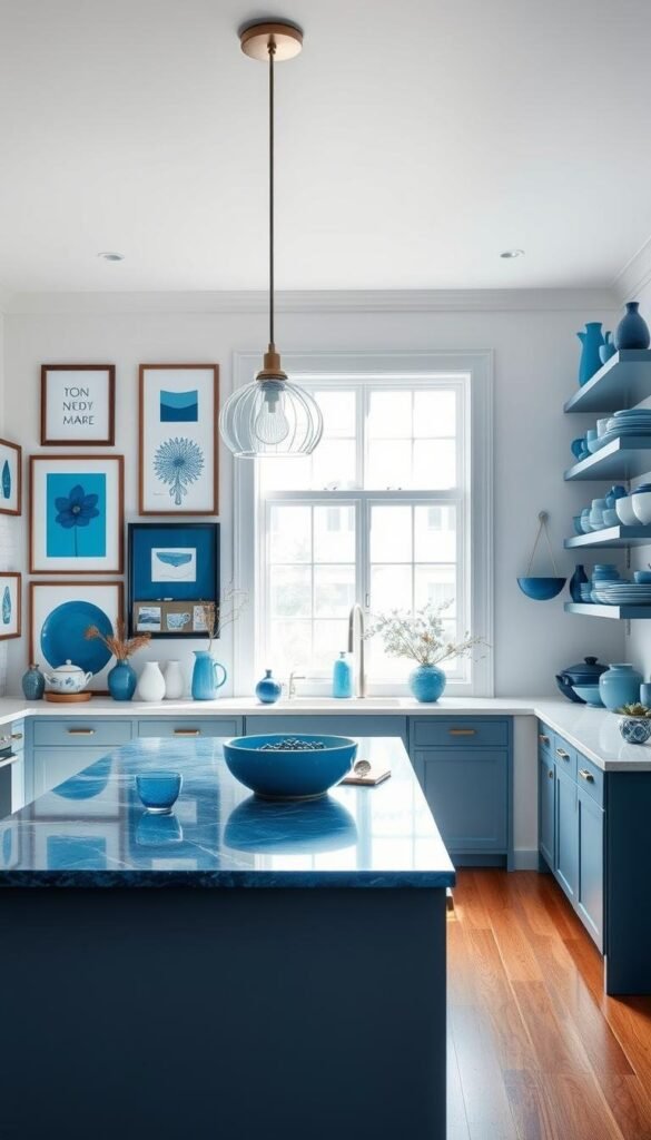 A bright, airy kitchen filled with a variety of blue-toned accessories and decor pieces. In the foreground, a sleek, minimalist kitchen island with a blue marble countertop, accented by modern pendant lights overhead. On the walls, a collection of framed blue-hued artworks and shelves displaying a range of ceramic mugs, bowls, and vases in shades of azure, sapphire, and cerulean. In the background, a large window floods the space with natural light, casting a soft, diffused glow across the scene. The overall mood is one of tranquility and sophistication, showcasing the versatility and beauty of blue in a kitchen setting.