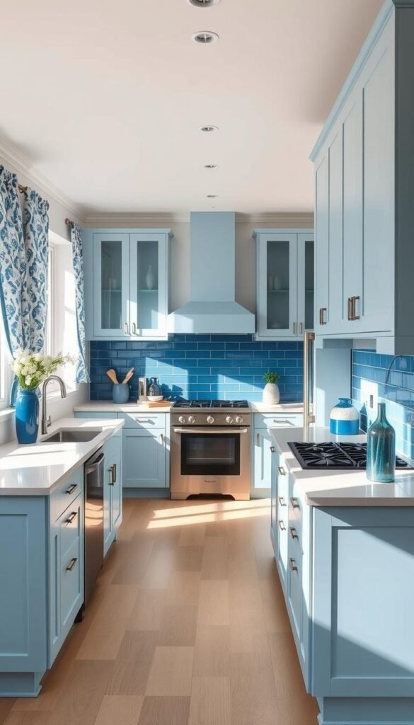 A bright, airy kitchen with a harmonious color palette of various shades of blue. The cabinets are a soft, powder blue, complemented by a deep navy island and accents of cerulean in the backsplash tiles. Sleek, stainless steel appliances and fixtures create a modern, yet warm atmosphere. The natural light filters in through large windows, casting a gentle glow on the space. The flooring is a light, wooden parquet, tying the whole room together. Decorative elements, such as blue-and-white patterned curtains and vases, add visual interest and depth to the cohesive color scheme.