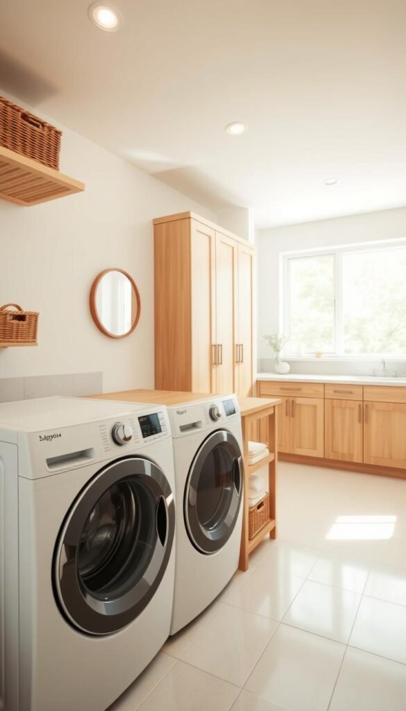 A bright, airy laundry room with a clean, modern aesthetic. The foreground features a sleek, minimalist front-loading washer and dryer set, complemented by a wooden folding table and wicker baskets for sorting. The middle ground showcases a row of custom cabinetry in a light, natural wood tone, providing ample storage space. The background reveals a large window, allowing natural light to flood the room and create a warm, inviting atmosphere. The overall layout is thoughtfully designed, with a focus on functionality and visual appeal. Soft, diffused lighting from overhead fixtures casts a gentle glow, accentuating the room's calming, spa-like ambiance. A bright, airy laundry room with a clean, modern aesthetic. The foreground features a sleek, minimalist front-loading washer and dryer set, complemented by a wooden folding table and wicker baskets for sorting. The middle ground showcases a row of custom cabinetry in a light, natural wood tone, providing ample storage space. The background reveals a large window, allowing natural light to flood the room and create a warm, inviting atmosphere. The overall layout is thoughtfully designed, with a focus on functionality and visual appeal. Soft, diffused lighting from overhead fixtures casts a gentle glow, accentuating the room's calming, spa-like ambiance.