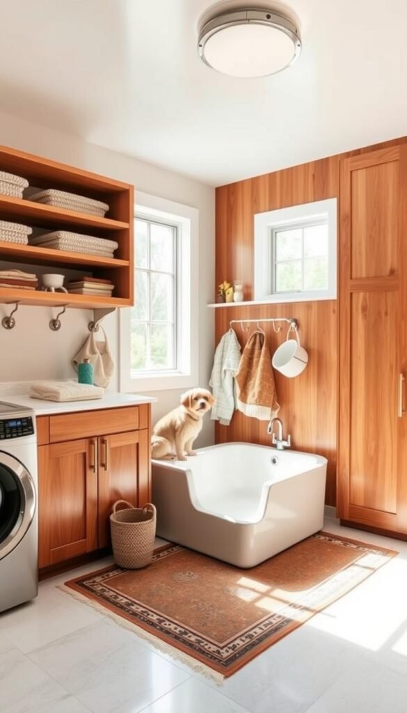 A bright, airy laundry room with a cozy pet washing station nestled in the corner. Warm wood cabinetry and sleek tile floors create a modern, inviting space. A large window floods the room with natural light, illuminating the quaint pet bathing nook equipped with a low-profile tub and handheld sprayer. Plush textiles and a decorative rug add softness, while utilitarian shelves and hooks provide ample storage and organization. The room exudes a sense of functionality and comfort, seamlessly blending practical needs with stylish design.