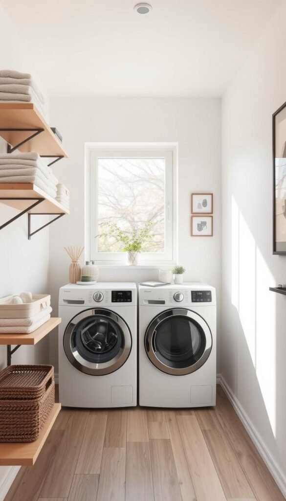 A bright, airy laundry room with a minimalist, Scandinavian-inspired design. In the foreground, a row of floating shelves holds neatly folded towels, baskets, and various cleaning supplies. The middle ground features a modern, energy-efficient washer and dryer set, with a sleek, white finish. Behind them, a large window allows natural light to stream in, casting a warm glow over the space. The walls are adorned with simple, monochromatic artwork, and a small plant adds a touch of greenery. The overall atmosphere is one of calm, organized efficiency, perfectly suited for a small-space laundry room makeover on a budget.