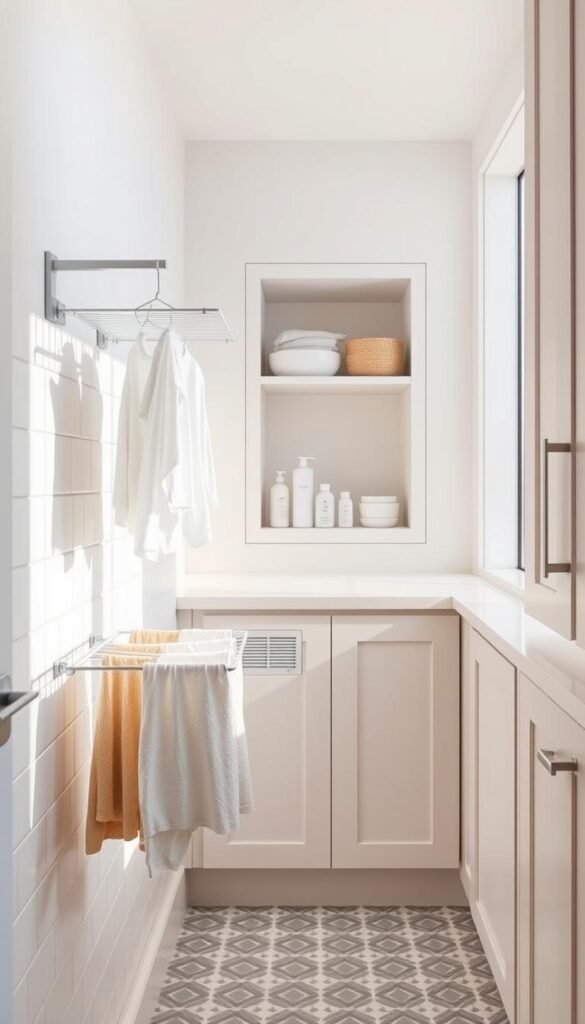 A bright, airy laundry room with a minimalist, Scandinavian-inspired design. In the foreground, a compact wall-mounted drying rack cascades with freshly washed clothes, casting soft shadows on the crisp white subway tile backsplash. Recessed shelving in the middle ground provides ample storage space for detergents, baskets, and other laundry essentials, neatly tucked away. The background features a large window, allowing natural light to flood the room and highlighting the sleek, streamlined cabinetry in a muted, neutral palette. Subtle chrome hardware and a geometric patterned floor tile add textural interest, creating an efficient, visually appealing space-saving laundry solution.