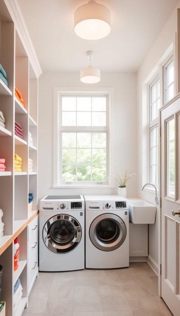 A bright, airy laundry room with a modern, minimalist aesthetic. In the foreground, sleek white shelving units with wooden accents, neatly displaying colorful laundry supplies and folded linens. Mid-ground features a front-loading washer and dryer in a muted palette, complemented by a simple utility sink. The background showcases large windows, allowing natural light to flood the space and create a warm, inviting atmosphere. Soft, diffused lighting from overhead fixtures casts a gentle glow, enhancing the clean, organized feel. The room is clutter-free, with a cohesive color scheme and thoughtful decor touches that elevate the functional space into a stylish, budget-friendly DIY laundry room makeover.