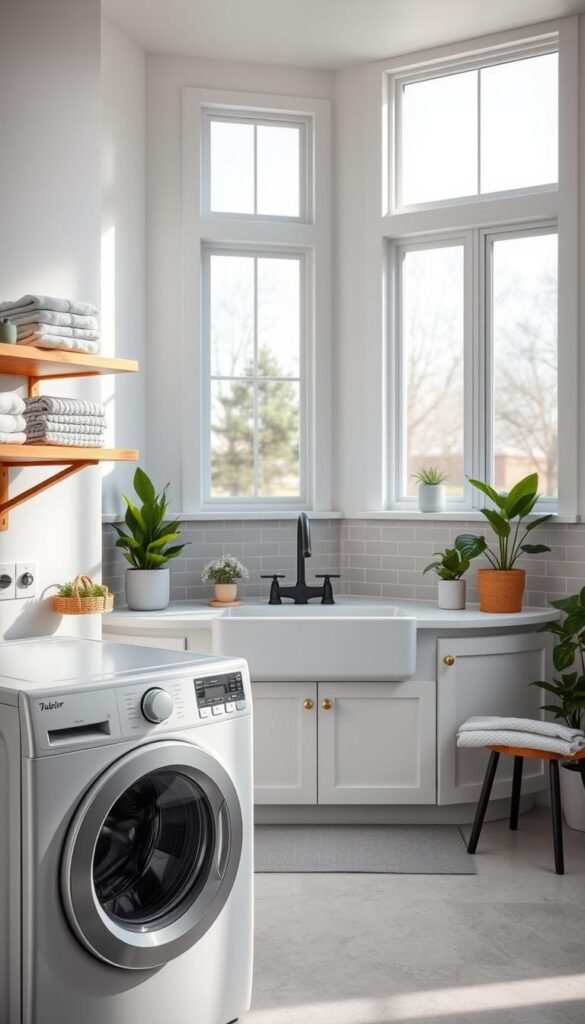 A bright, airy laundry room with a modern, minimalist design. The foreground features a sleek, white front-loading washer and dryer set, complemented by floating wood shelves displaying neatly folded linens. The middle ground showcases a large, farmhouse-style sink with a matte black faucet, surrounded by subway tile backsplash in a soothing gray hue. In the background, large windows let in ample natural light, illuminating the space and creating a calming, serene atmosphere. The room is accented with brass hardware, potted plants, and a cozy bench for folding clothes, evoking a sense of both functionality and sophistication.