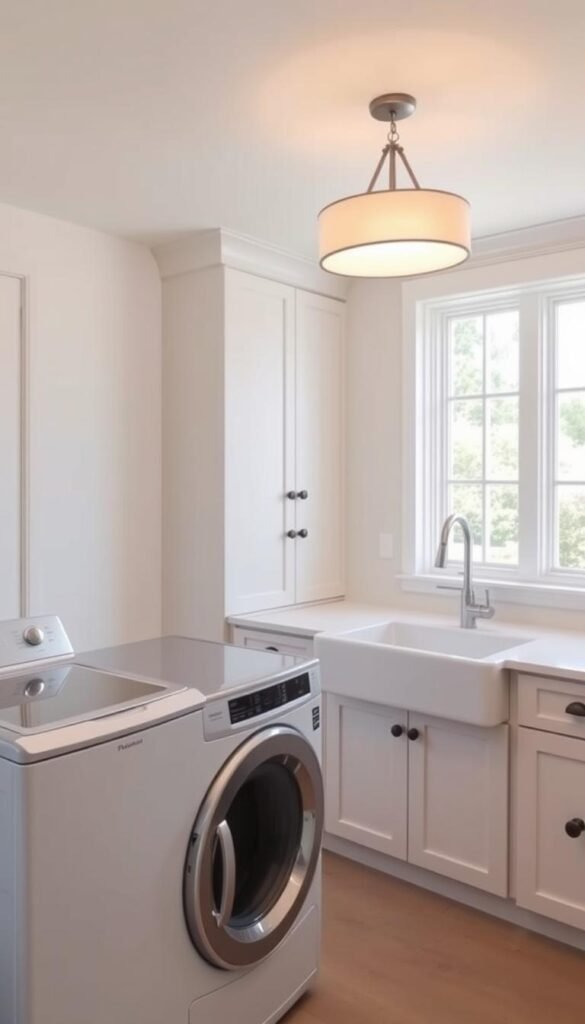 A bright, airy laundry room with a sleek, modern design. In the foreground, a top-loading washing machine and matching dryer sit side-by-side, their clean, minimalist lines complementing the room's overall aesthetic. A large, farmhouse-style sink dominates the middle ground, its deep basin and gooseneck faucet providing ample space for handwashing delicates. The background features custom cabinetry in a soft, neutral tone, offering ample storage for detergents, linens, and other laundry essentials. Overhead, a statement light fixture casts a warm, even glow, illuminating the space. The room's large windows allow natural light to flood in, creating a serene and efficient workspace for daily chores. A bright, airy laundry room with a sleek, modern design. In the foreground, a top-loading washing machine and matching dryer sit side-by-side, their clean, minimalist lines complementing the room's overall aesthetic. A large, farmhouse-style sink dominates the middle ground, its deep basin and gooseneck faucet providing ample space for handwashing delicates. The background features custom cabinetry in a soft, neutral tone, offering ample storage for detergents, linens, and other laundry essentials. Overhead, a statement light fixture casts a warm, even glow, illuminating the space. The room's large windows allow natural light to flood in, creating a serene and efficient workspace for daily chores.