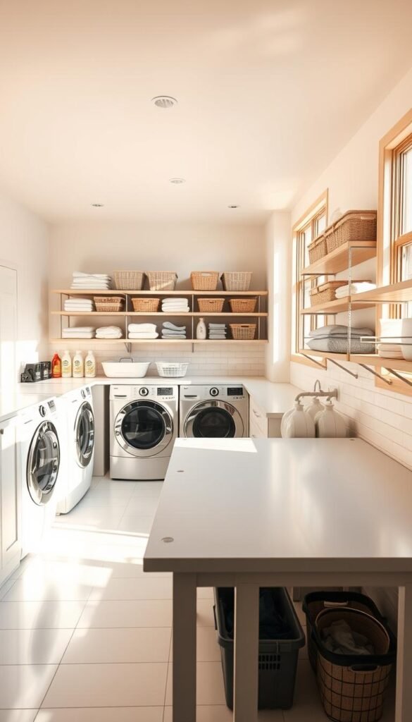 A bright, airy laundry room with ample counter space and shelving. The room is bathed in warm, natural light streaming through large windows, casting a soft glow over the pristine white tiles and sleek, modern appliances. In the foreground, a spacious folding table with plenty of room to sort and organize laundry. Shelves along the walls hold neatly organized detergents, baskets, and other essentials. The overall atmosphere is one of efficiency and tranquility, inviting the viewer to assess the potential of this well-designed, thoughtfully-appointed laundry space.