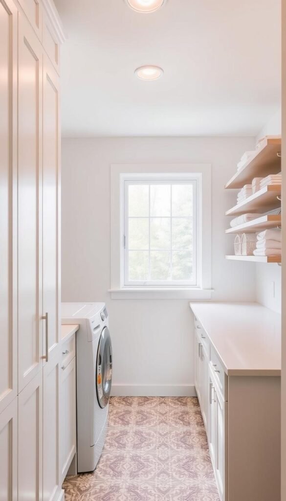 A bright, airy laundry room with ample storage solutions. The foreground features modern white cabinetry, a sleek front-loading washer and dryer, and a spacious folding counter. The middle ground showcases minimalist floating shelves displaying neatly folded linens and detergents. In the background, a large window allows natural light to flood the space, complemented by warm task lighting and a colorful, patterned floor tile. The overall atmosphere is clean, organized, and inviting, inspiring productivity and a sense of domestic tranquility.