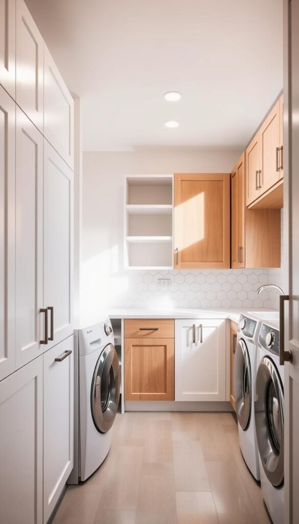 A bright, airy laundry room with an assortment of stylish cabinet designs. In the foreground, sleek, minimalist white cabinets with recessed handles complement the room's modern aesthetic. Midground showcases a mix of open shelving and traditional wood-paneled cabinets in a warm, natural tone. The background features a striking feature wall with hexagonal tile pattern, bathed in soft, diffused lighting from above. The overall mood is one of organization, efficiency, and timeless elegance - a space that seamlessly blends form and function. A bright, airy laundry room with an assortment of stylish cabinet designs. In the foreground, sleek, minimalist white cabinets with recessed handles complement the room's modern aesthetic. Midground showcases a mix of open shelving and traditional wood-paneled cabinets in a warm, natural tone. The background features a striking feature wall with hexagonal tile pattern, bathed in soft, diffused lighting from above. The overall mood is one of organization, efficiency, and timeless elegance - a space that seamlessly blends form and function.