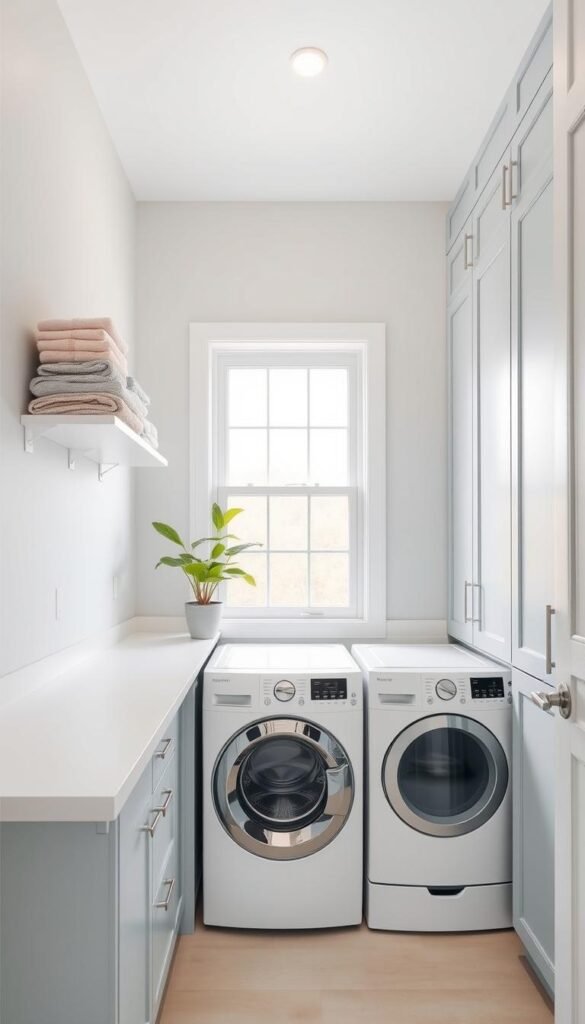 A bright, airy laundry room with clean, minimalist design. The foreground features a modern front-loading washer and dryer set against a soft gray wall, with a sleek white countertop running along the side. Hanging above are two floating shelves displaying neatly folded towels and laundry essentials in pastel hues. The middle ground showcases a large window letting in natural light, with a potted plant adding a touch of greenery. The background contains built-in cabinetry in a soothing blue-gray tone, providing ample storage space. The overall atmosphere is calming and organized, creating a peaceful environment for tackling the household chore.
