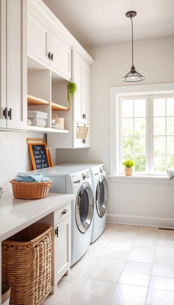 A bright, airy laundry room with crisp white cabinets, sleek quartz countertops, and a farmhouse-inspired woven basket for folding clothes. Warm wooden accents on the shelving and a decorative wall-mounted drying rack add rustic charm. Soft neutral tile floors lead to a large window that floods the space with natural light, creating a peaceful, relaxing atmosphere. Hanging plants and a chalkboard sign with a simple motivational quote complete the inviting, highly organized aesthetic. The room exudes a sense of calm efficiency, perfect for busy families managing their daily laundry routine.