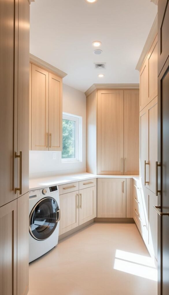 A bright, airy laundry room with custom-built cabinets that seamlessly integrate with the surrounding decor. The cabinets feature a clean, minimalist design with sleek, flat-panel doors in a light, natural wood tone. Recessed lighting gently illuminates the space, casting a warm, inviting glow. The cabinets extend from floor to ceiling, maximizing storage while maintaining a cohesive, streamlined aesthetic. Strategically placed windows allow natural light to flood the room, creating a sense of openness and connection to the adjacent living spaces. The laundry room effortlessly blends in with the overall design scheme, becoming an integral part of the home's harmonious flow. A bright, airy laundry room with custom-built cabinets that seamlessly integrate with the surrounding decor. The cabinets feature a clean, minimalist design with sleek, flat-panel doors in a light, natural wood tone. Recessed lighting gently illuminates the space, casting a warm, inviting glow. The cabinets extend from floor to ceiling, maximizing storage while maintaining a cohesive, streamlined aesthetic. Strategically placed windows allow natural light to flood the room, creating a sense of openness and connection to the adjacent living spaces. The laundry room effortlessly blends in with the overall design scheme, becoming an integral part of the home's harmonious flow.