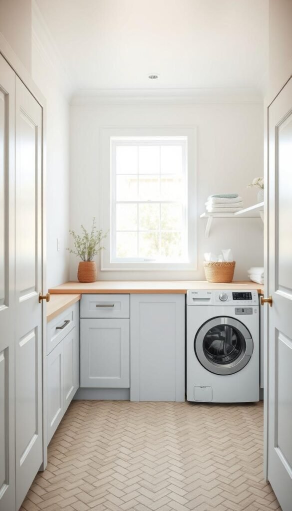A bright, airy laundry room with light, soothing colors. Soft white walls create a clean backdrop, complemented by pale blue cabinetry and a touch of natural wood accents. Ample natural light streams in through a large window, creating a warm, welcoming atmosphere. The room is meticulously organized, with sleek, minimalist shelving and a compact yet efficient washer and dryer. Subtle patterns, such as a herringbone-tiled floor, add visual interest without overwhelming the space. The overall mood is one of calm, tranquility and effortless style, perfectly suited for a small yet functional laundry area. A bright, airy laundry room with light, soothing colors. Soft white walls create a clean backdrop, complemented by pale blue cabinetry and a touch of natural wood accents. Ample natural light streams in through a large window, creating a warm, welcoming atmosphere. The room is meticulously organized, with sleek, minimalist shelving and a compact yet efficient washer and dryer. Subtle patterns, such as a herringbone-tiled floor, add visual interest without overwhelming the space. The overall mood is one of calm, tranquility and effortless style, perfectly suited for a small yet functional laundry area.